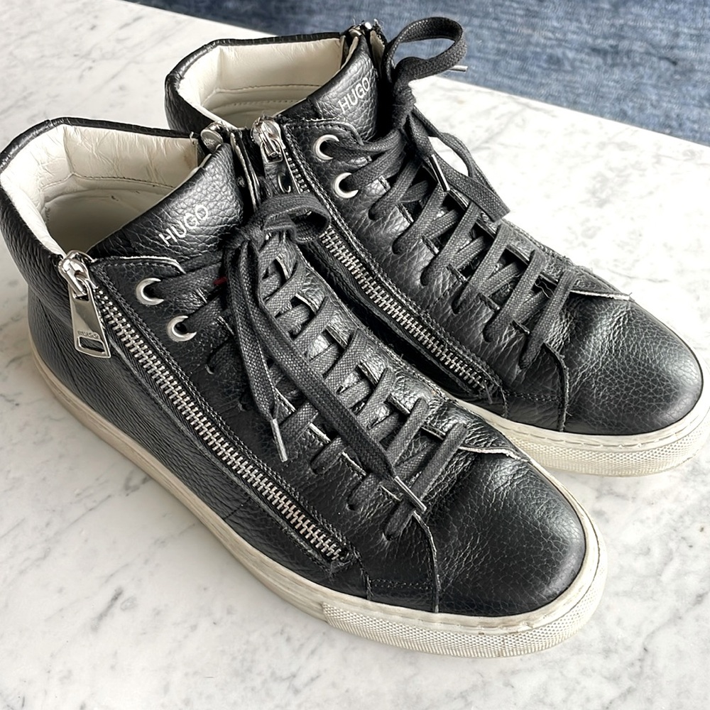 Hugo Boss high top sneakers with zip details.